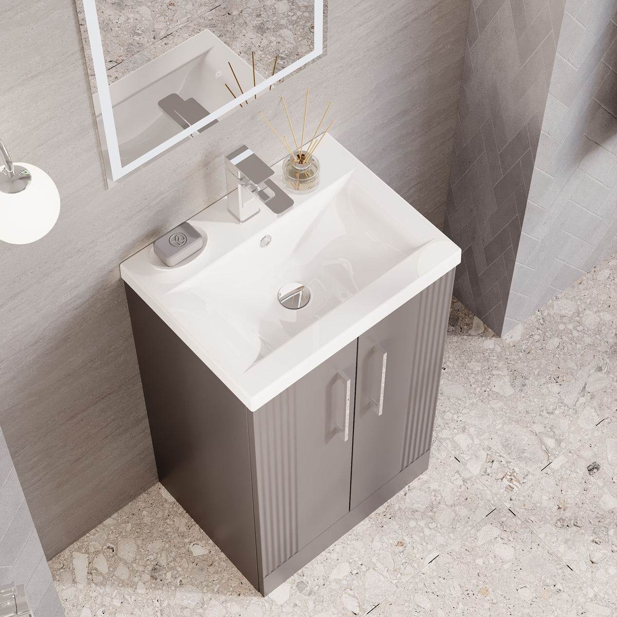 Modern Splash 500mm Satin Grey 2 Door Floor Standing Vanity Unit With Mid-Edge Basin