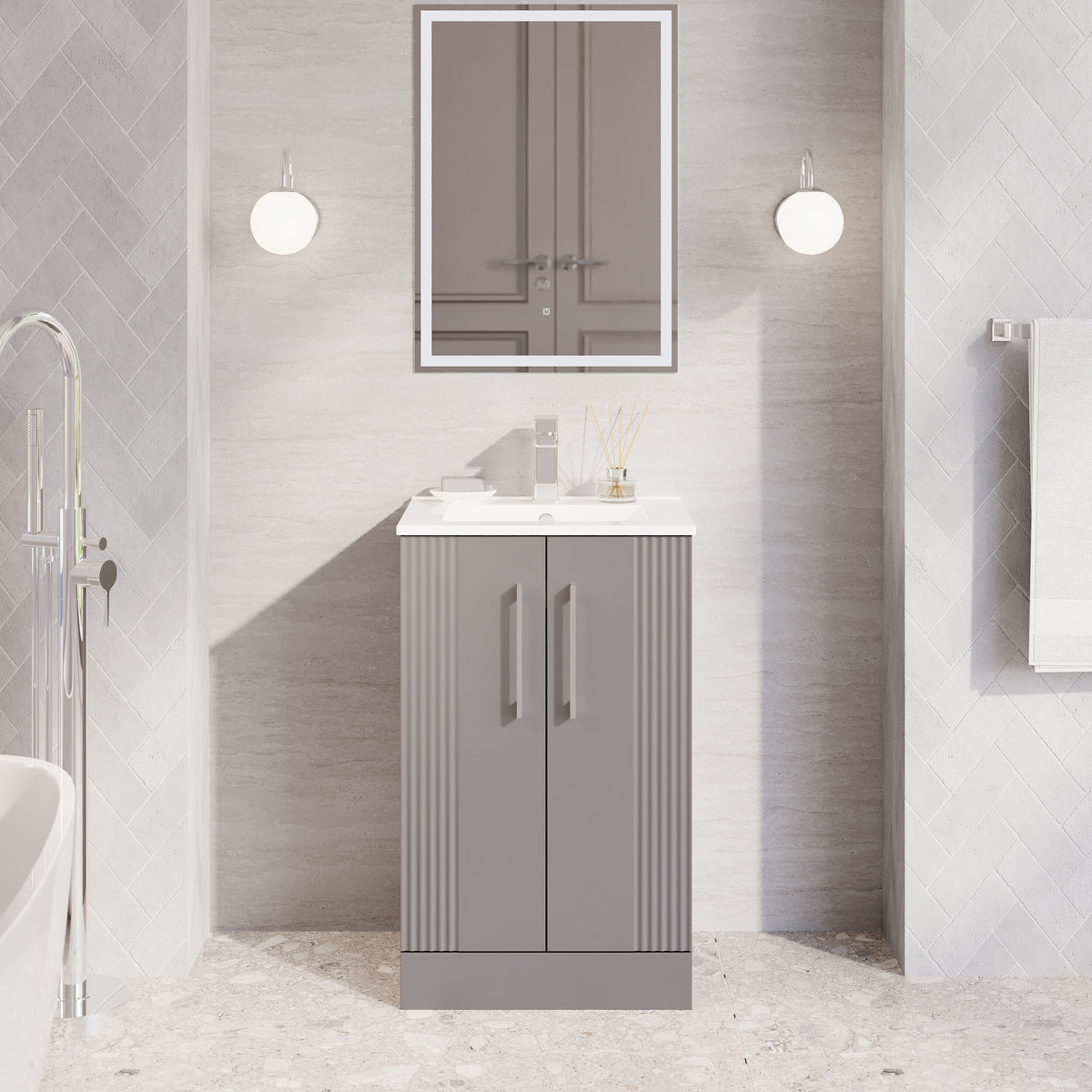 Modern Splash 500mm Satin Grey 2 Door Floor Standing Vanity Unit With Minimalist Basin