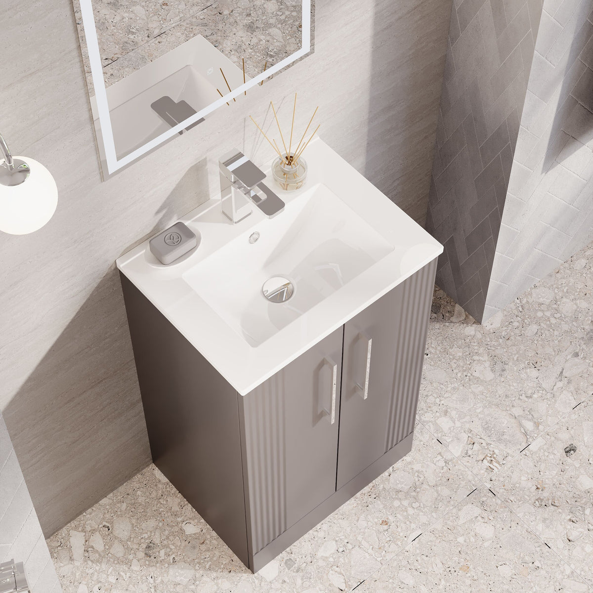 Modern Splash 500mm Satin Grey 2 Door Floor Standing Vanity Unit With Minimalist Basin
