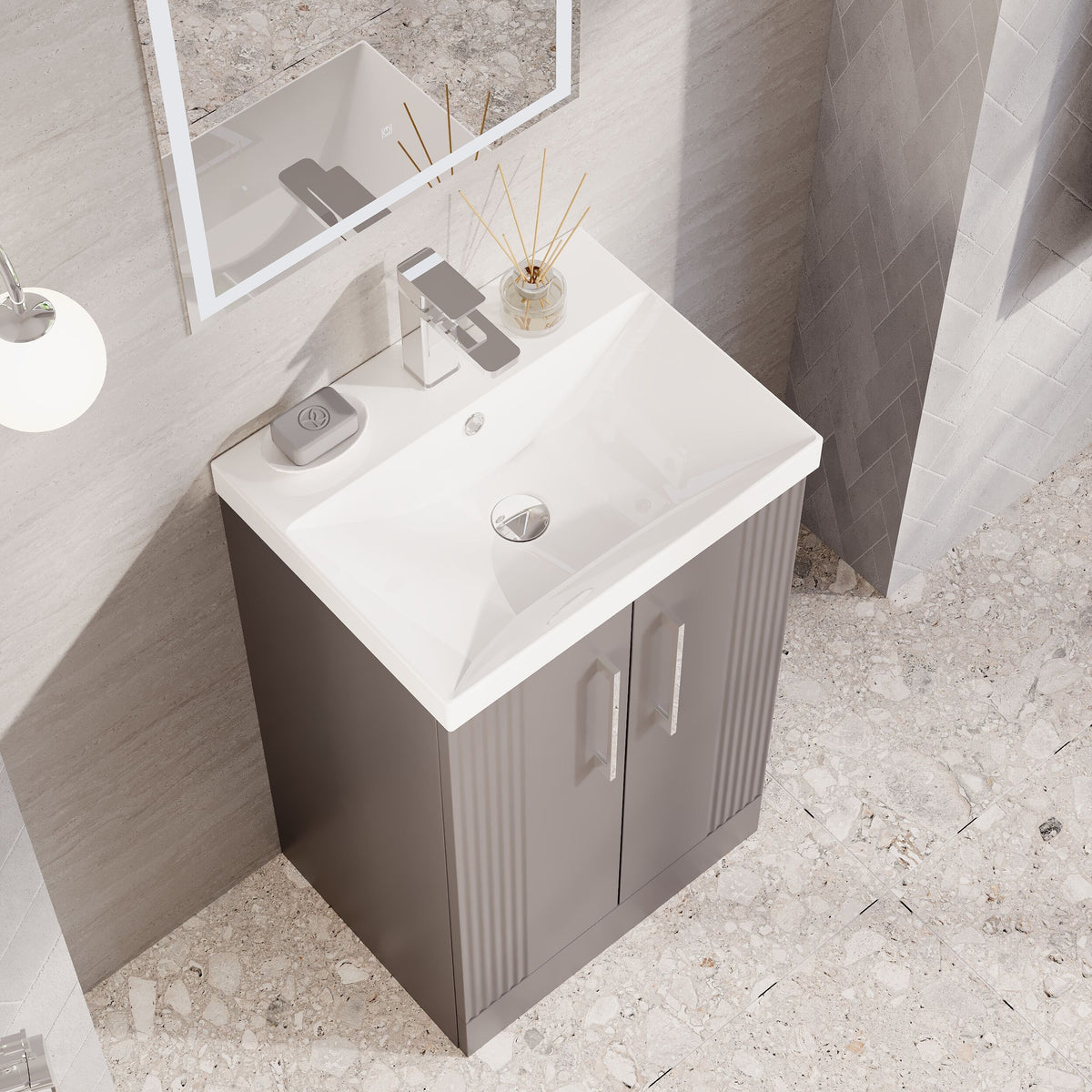 Modern Splash 500mm Satin Grey 2 Door Floor Standing Vanity Unit With Thin Edge Basin
