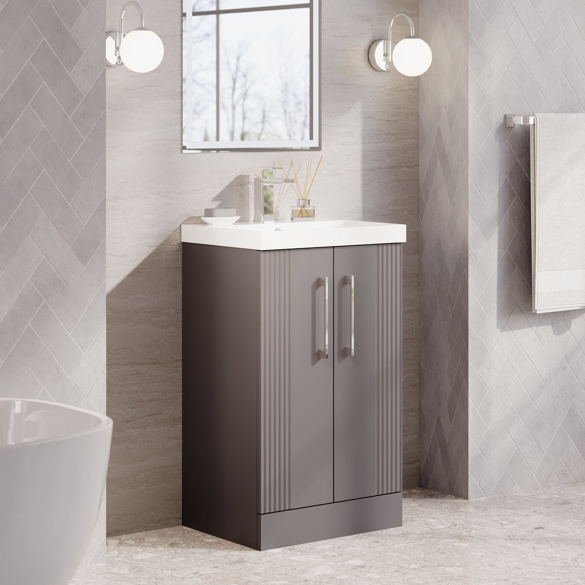 Modern Splash 500mm Satin Grey 2 Door Floor Standing Vanity Unit With Thin Edge Basin