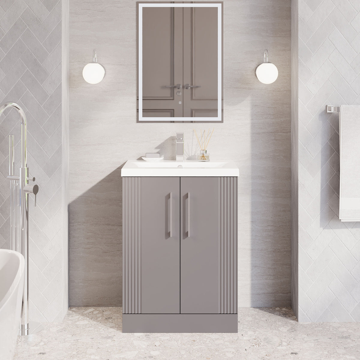 Modern Splash 600mm Satin Grey 2 Door Floor Standing Vanity Unit With Mid-Edge Basin