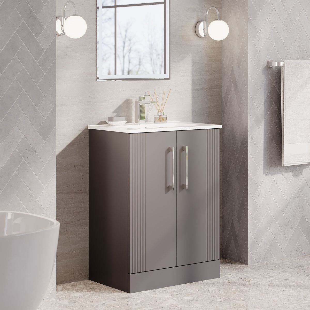 Modern Splash 600mm Satin Grey 2 Door Floor Standing Vanity Unit With Minimalist Basin