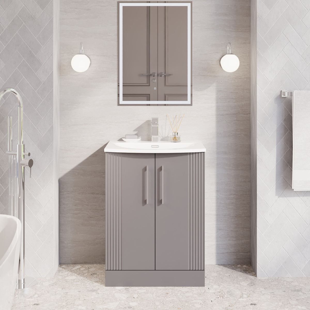 Modern Splash 600mm Satin Grey 2 Door Floor Standing Vanity Unit With Curved Basin