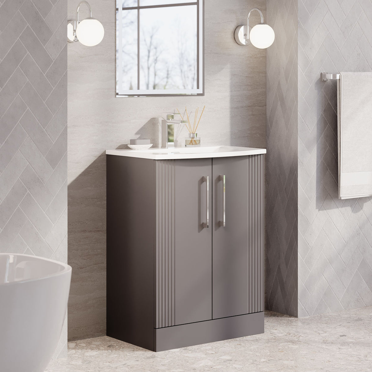 Modern Splash 600mm Satin Grey 2 Door Floor Standing Vanity Unit With Curved Basin