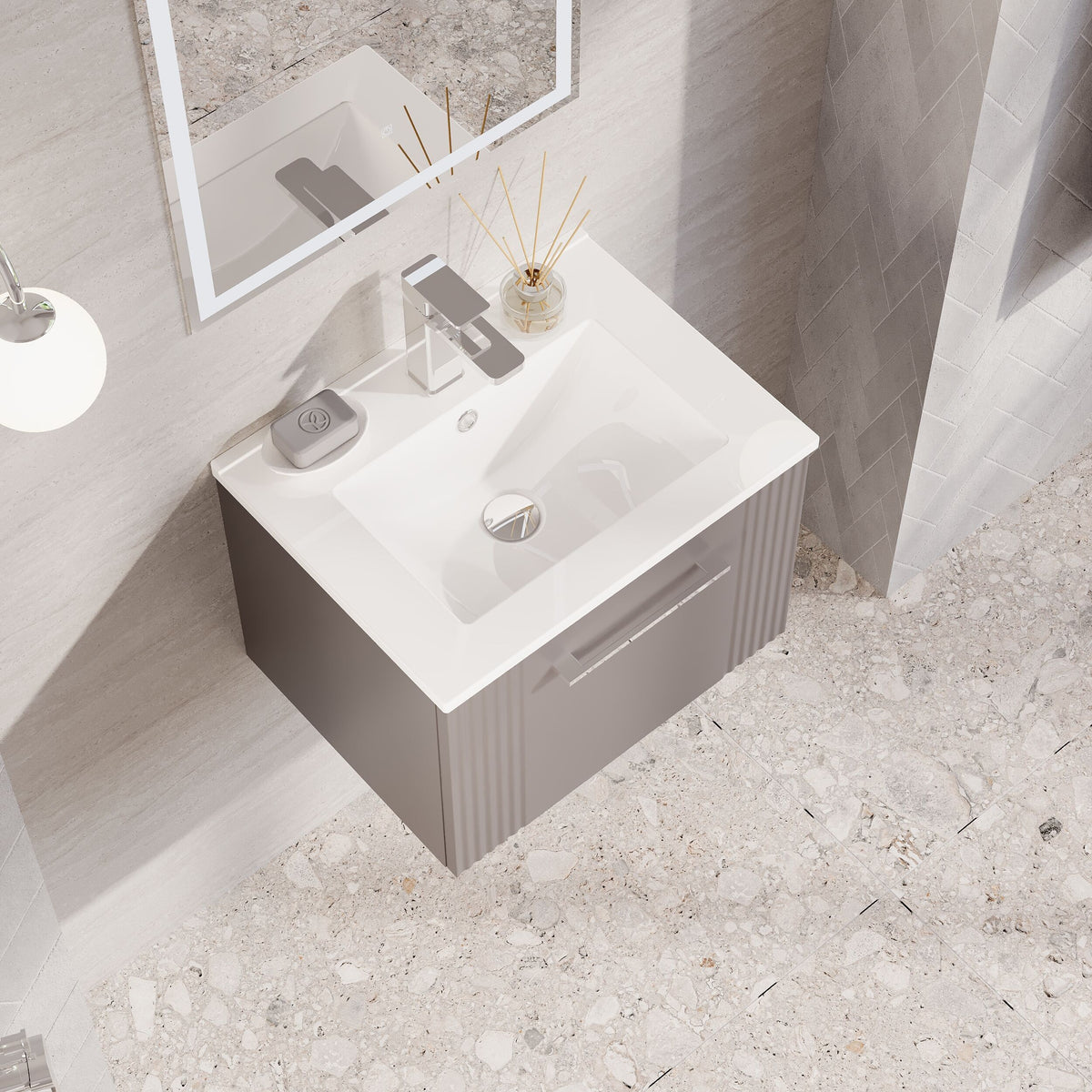 Modern Splash 500mm Satin Grey 1 Drawer Wall Hung Vanity Unit With Minimalist Basin