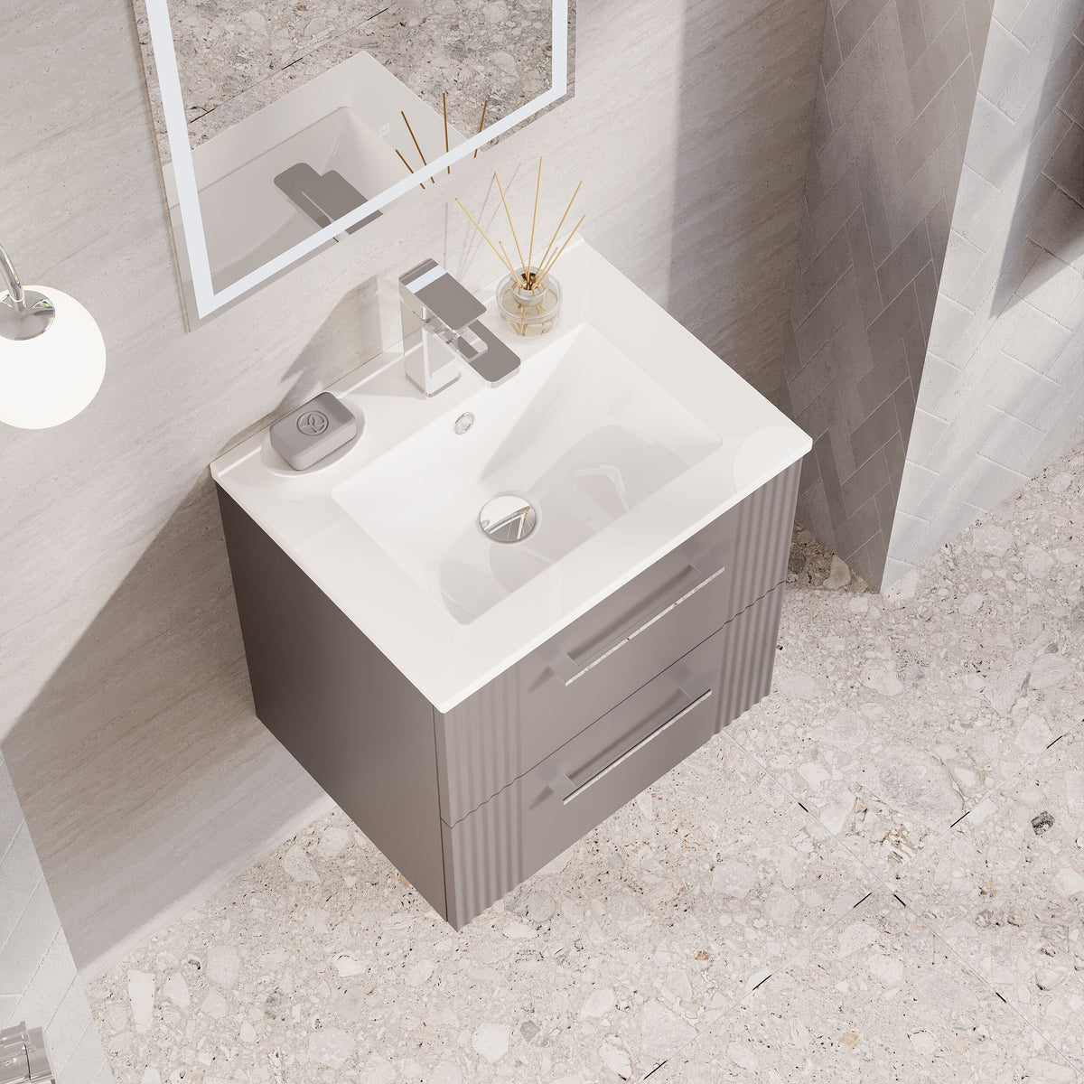 Modern Splash 500mm Satin Grey 2 Drawer Wall Hung Vanity Unit With Minimalist Basin
