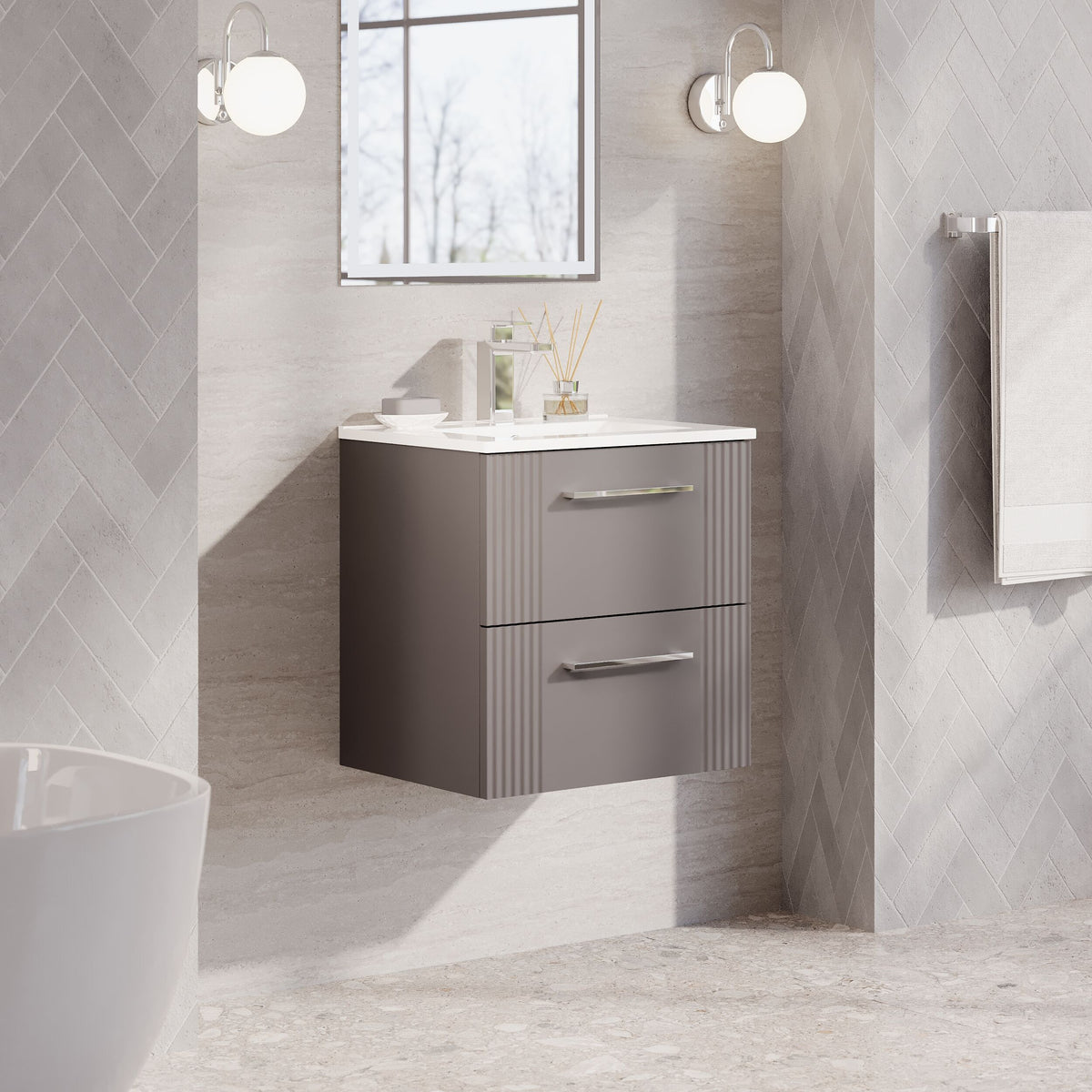 Modern Splash 500mm Satin Grey 2 Drawer Wall Hung Vanity Unit With Minimalist Basin