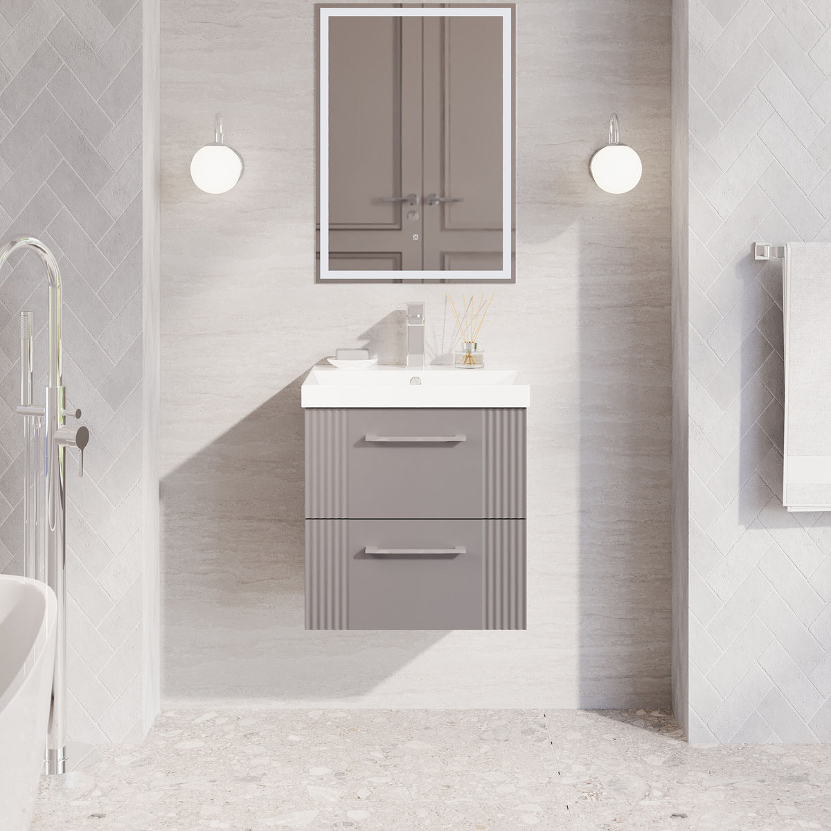 Modern Splash 500mm Satin Grey 2 Drawer Wall Hung Vanity Unit With Thin Edge Basin