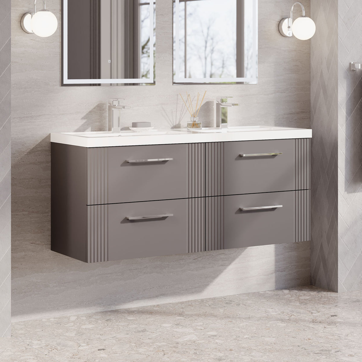 Modern Splash 1200mm Satin Grey 4 Drawer Wall Hung Vanity Unit With 2 Tap Hole Polymarble basin