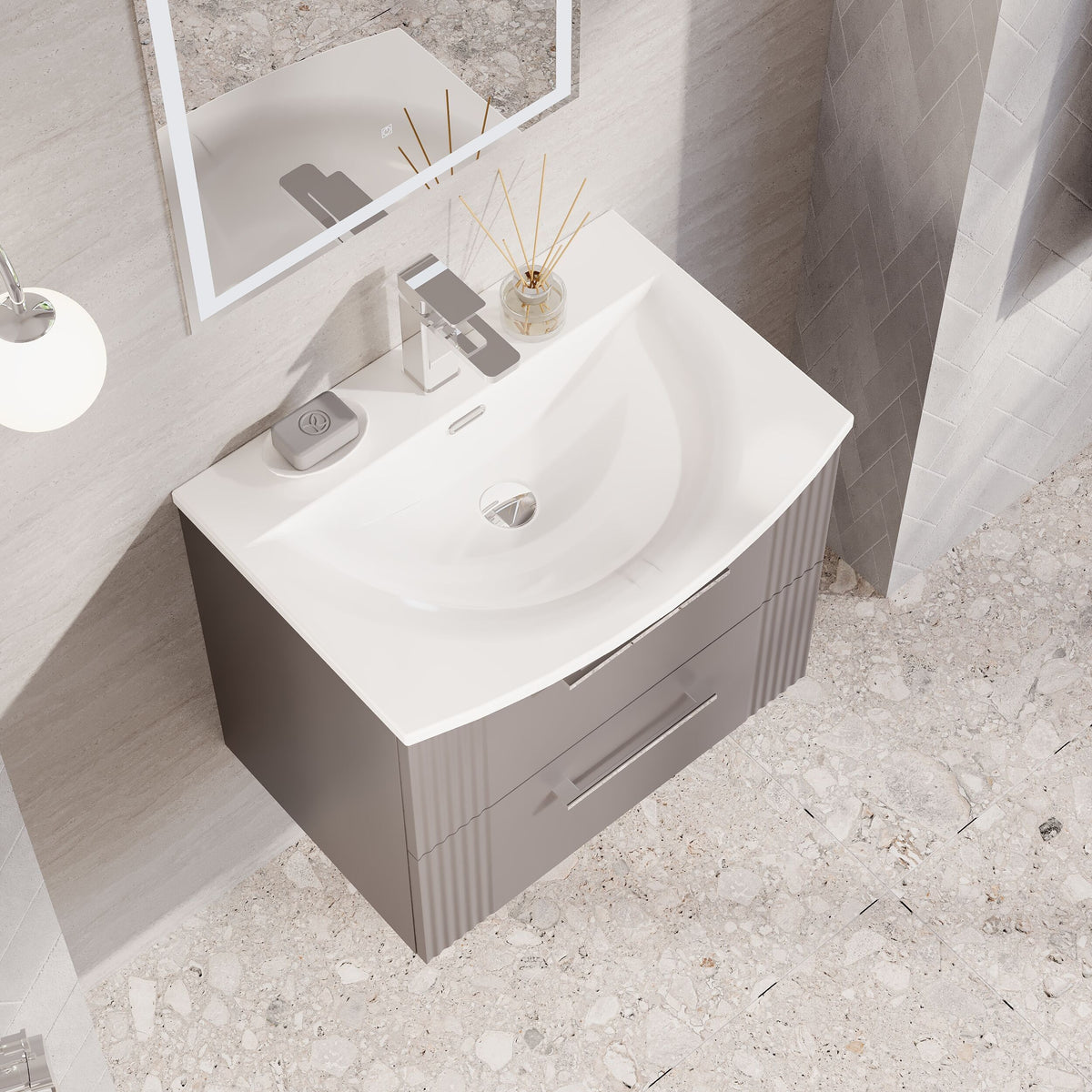 Modern Splash 600mm Satin Grey 2 Drawer Wall Hung Vanity Unit With Curved Basin