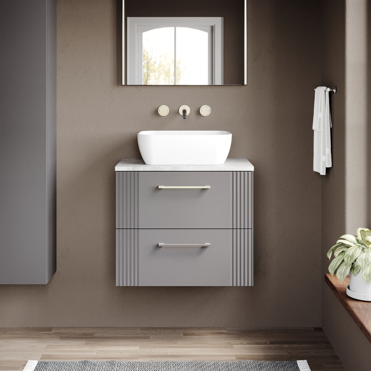 Modern Splash 600mm Satin Grey Part Fluted 2 Drawer Wall Hung Vanity Unit With Bellato Grey Worktop