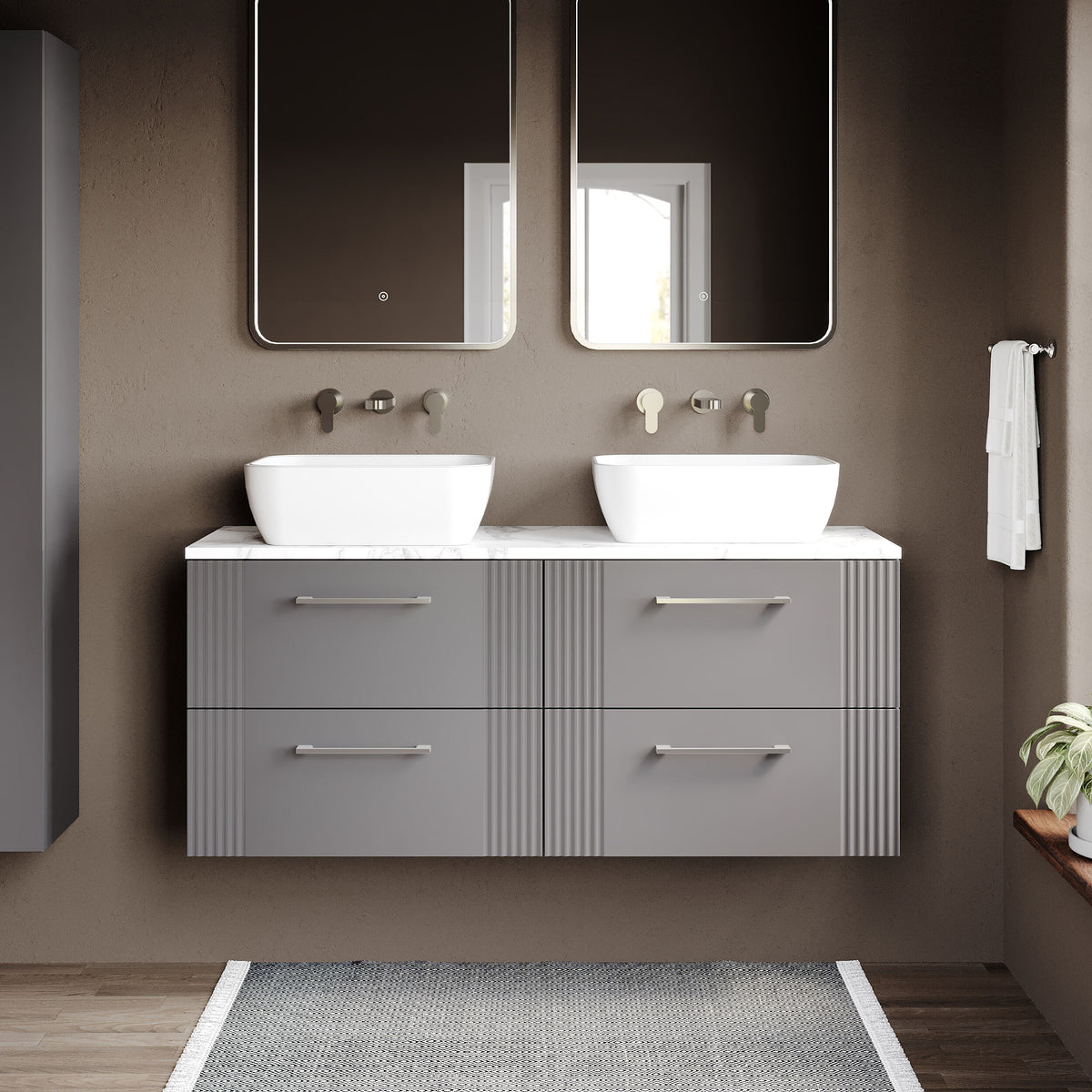 Modern Splash Fluted 1200mm Satin Grey 4 Drawer Wall Hung Vanity With Carrara Laminate Worktop