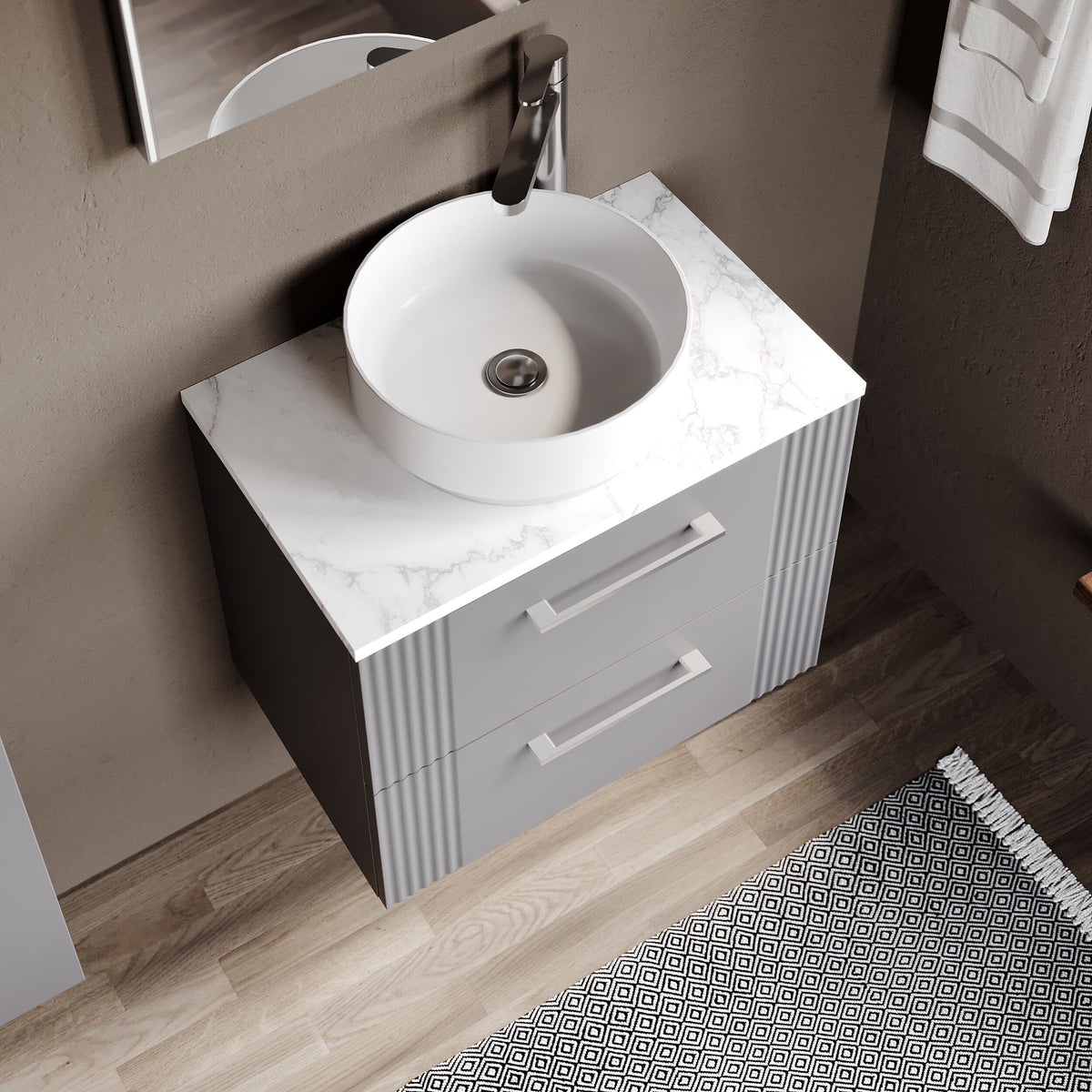 Modern Splash 600mm Satin Grey 2 Drawer Wall Hung Vanity Unit With Carrara Laminate Worktop