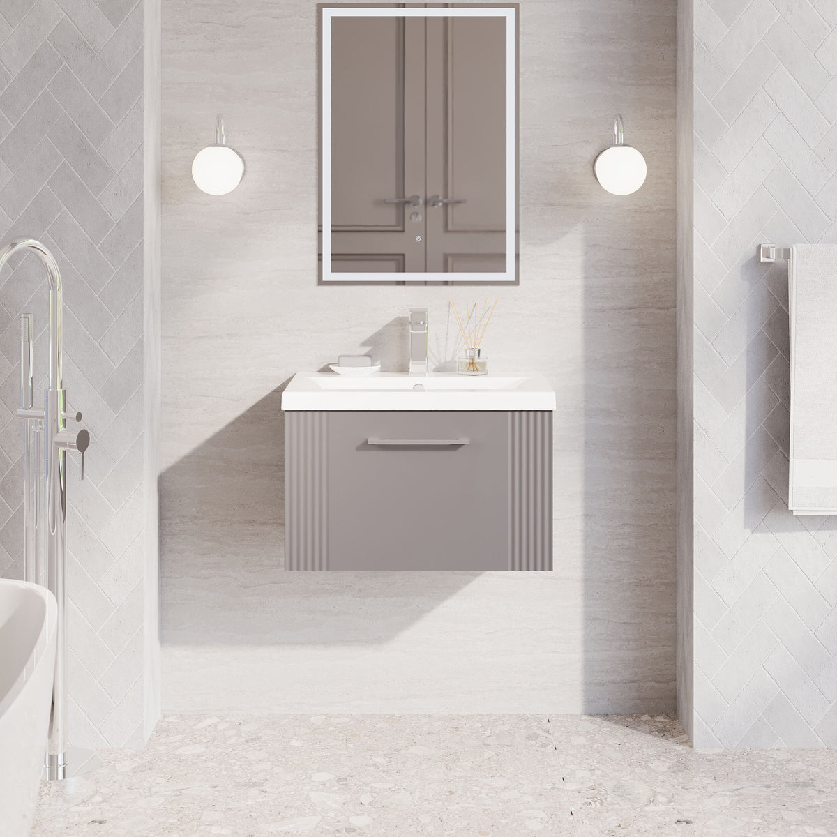 Modern Splash 600mm Satin Grey 1 Drawer Wall Hung Vanity Unit With Mid-Edge Basin