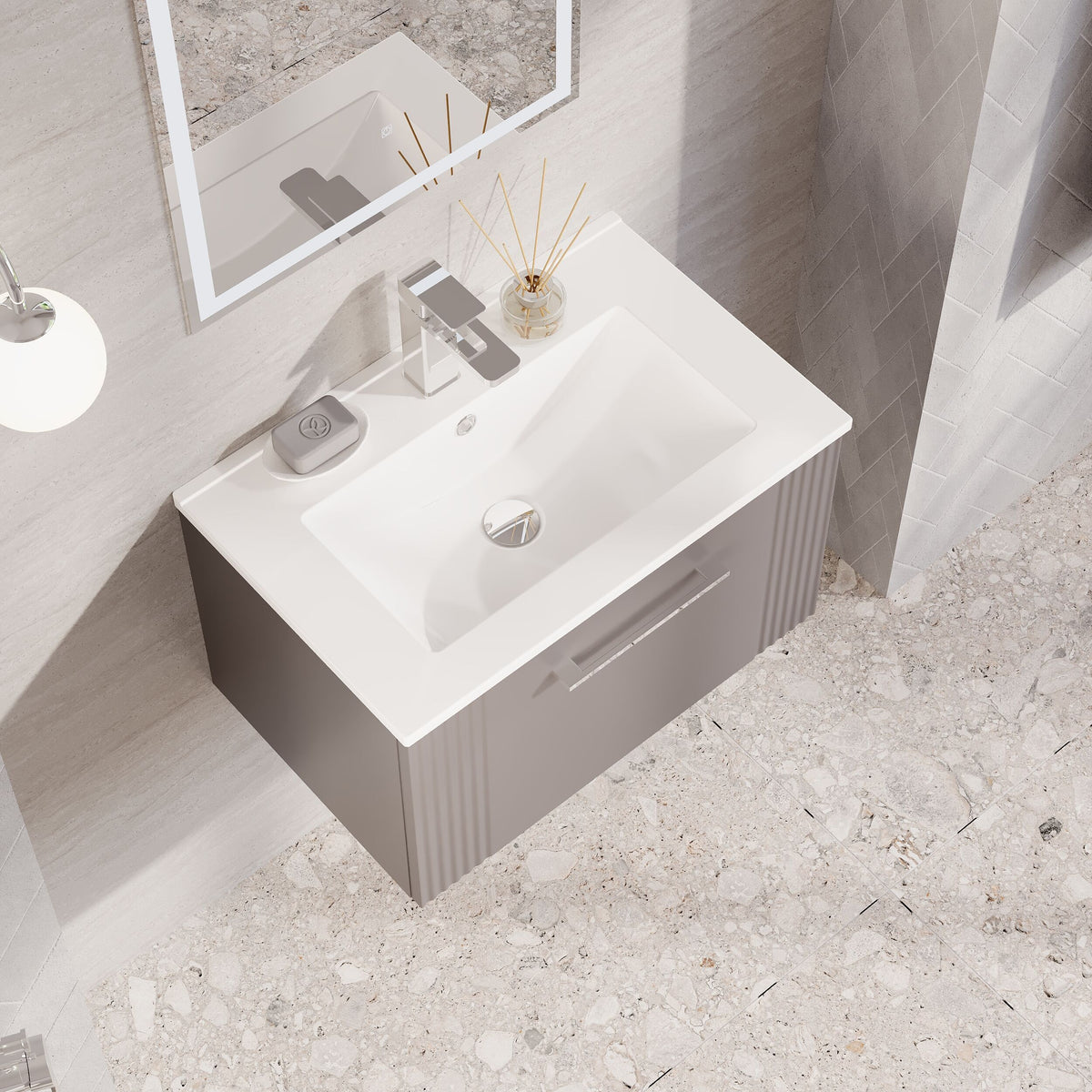 Modern Splash 600mm Satin Grey 1 Drawer Wall Hung Vanity Unit With Minimalist Basin
