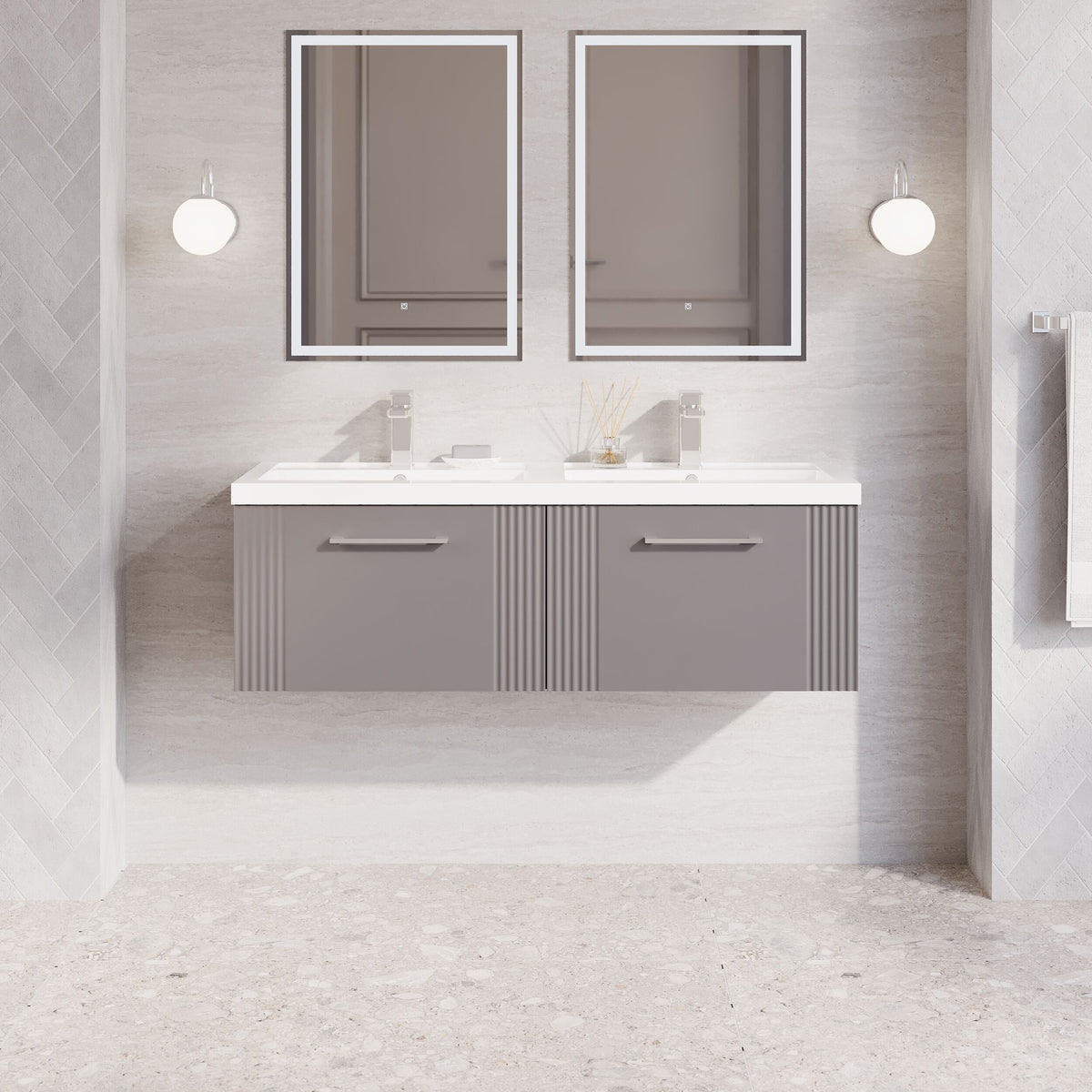 Modern Splash 1200mm Satin Grey 2 Drawer Wall Hung Vanity Unit With 2 Tap Hole Polymarble basin