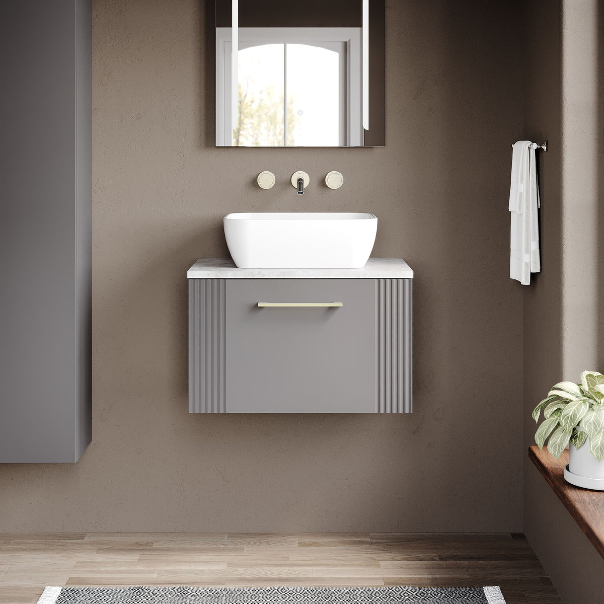 Modern Splash 600mm Satin Grey 1 Drawer Wall Hung Vanity With Bellato Grey Worktop