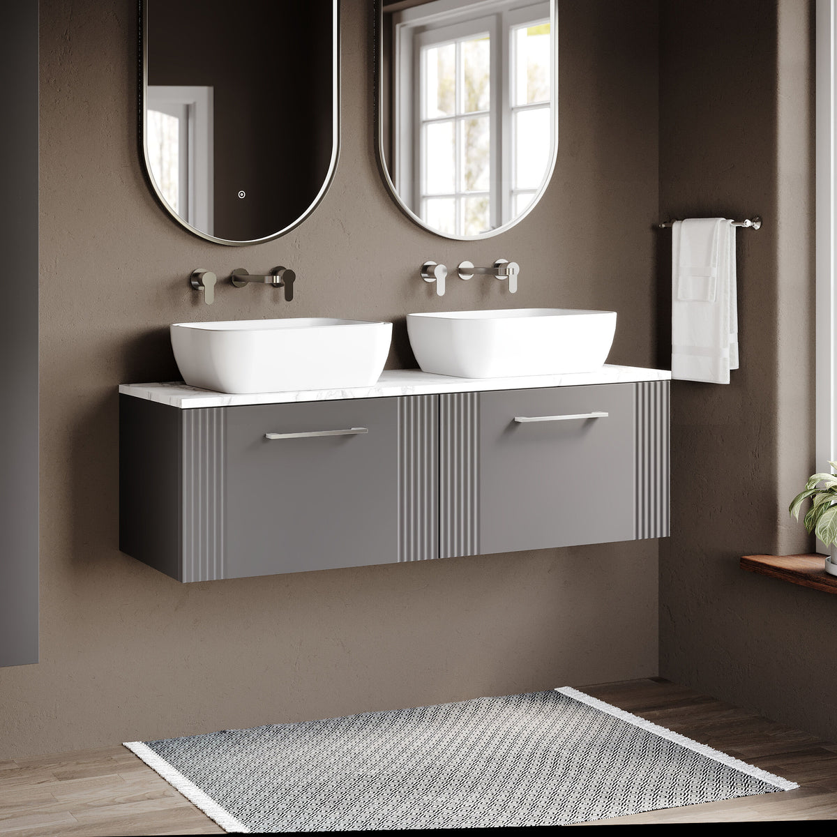 Modern Splash Fluted 1200mm Satin Grey 2 Drawer Wall Hung Vanity With Carrara Laminate Worktop