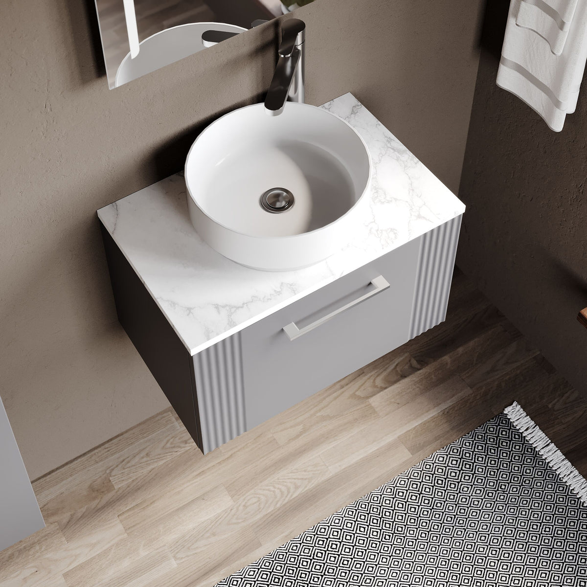 Modern Splash 600mm Satin Grey 1 Drawer Wall Hung Vanity With Carrara Laminate Worktop