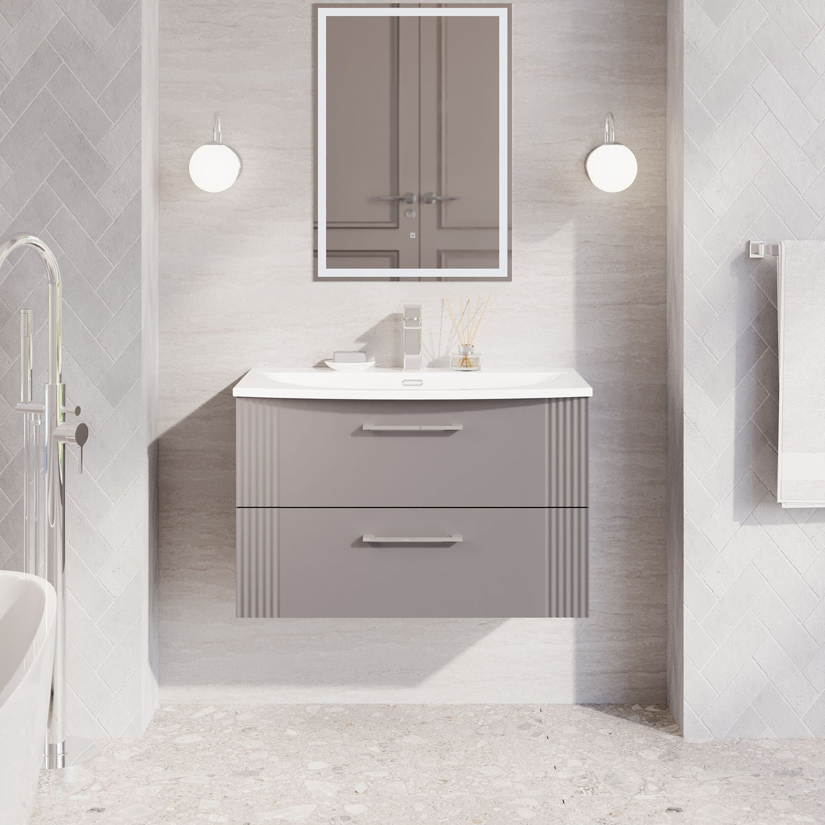 Modern Splash 800mm Satin Grey 2 Drawer Wall Hung Vanity Unit With Curved Basin