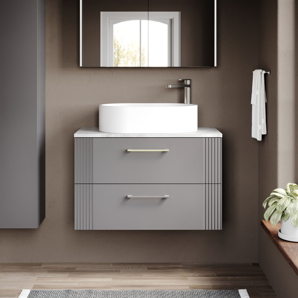 Modern Splash 800mm Satin Grey 2 Drawer Wall Hung Vanity Unit With Bellato Grey Worktop