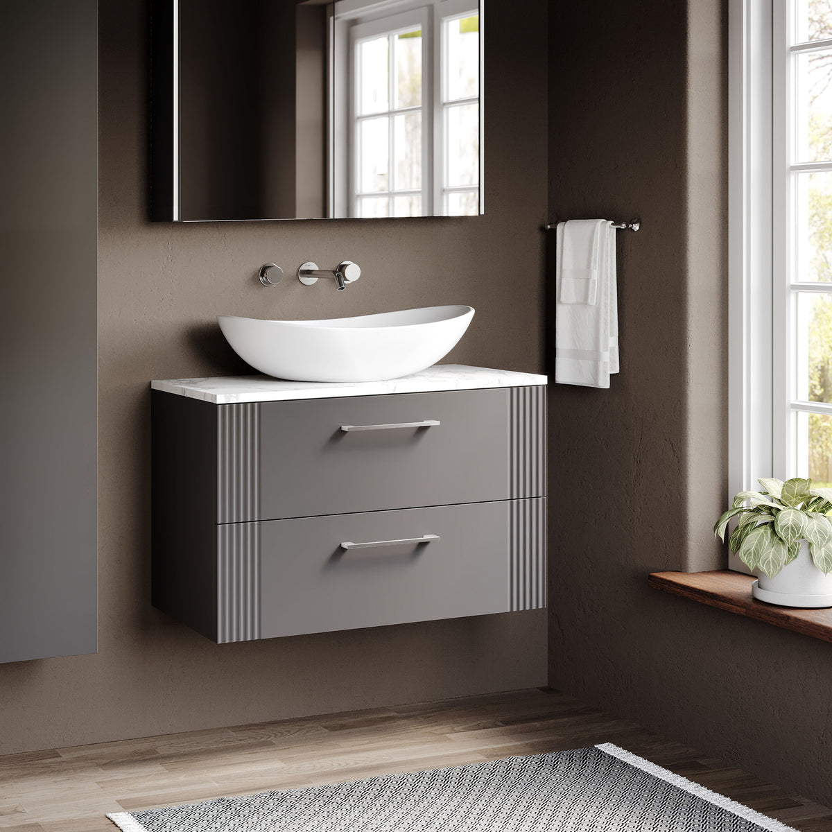 Modern Splash 800mm Satin Grey Part Fluted 2 Drawer Wall Hung Vanity Unit With Carrara Laminate Worktop