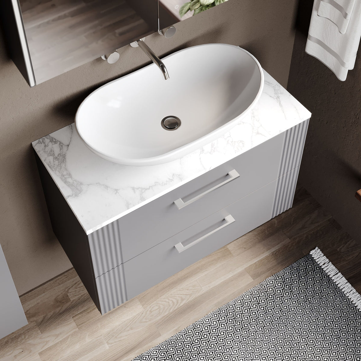 Modern Splash 800mm Satin Grey Part Fluted 2 Drawer Wall Hung Vanity Unit With Carrara Laminate Worktop