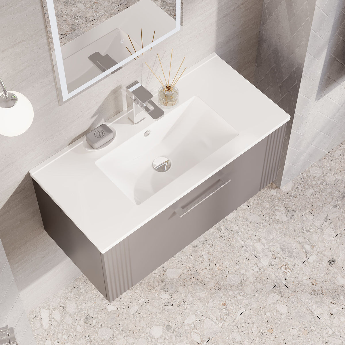 Modern Splash 800mm Satin Grey 1 Drawer Wall Hung Vanity Unit With Minimalist Basin
