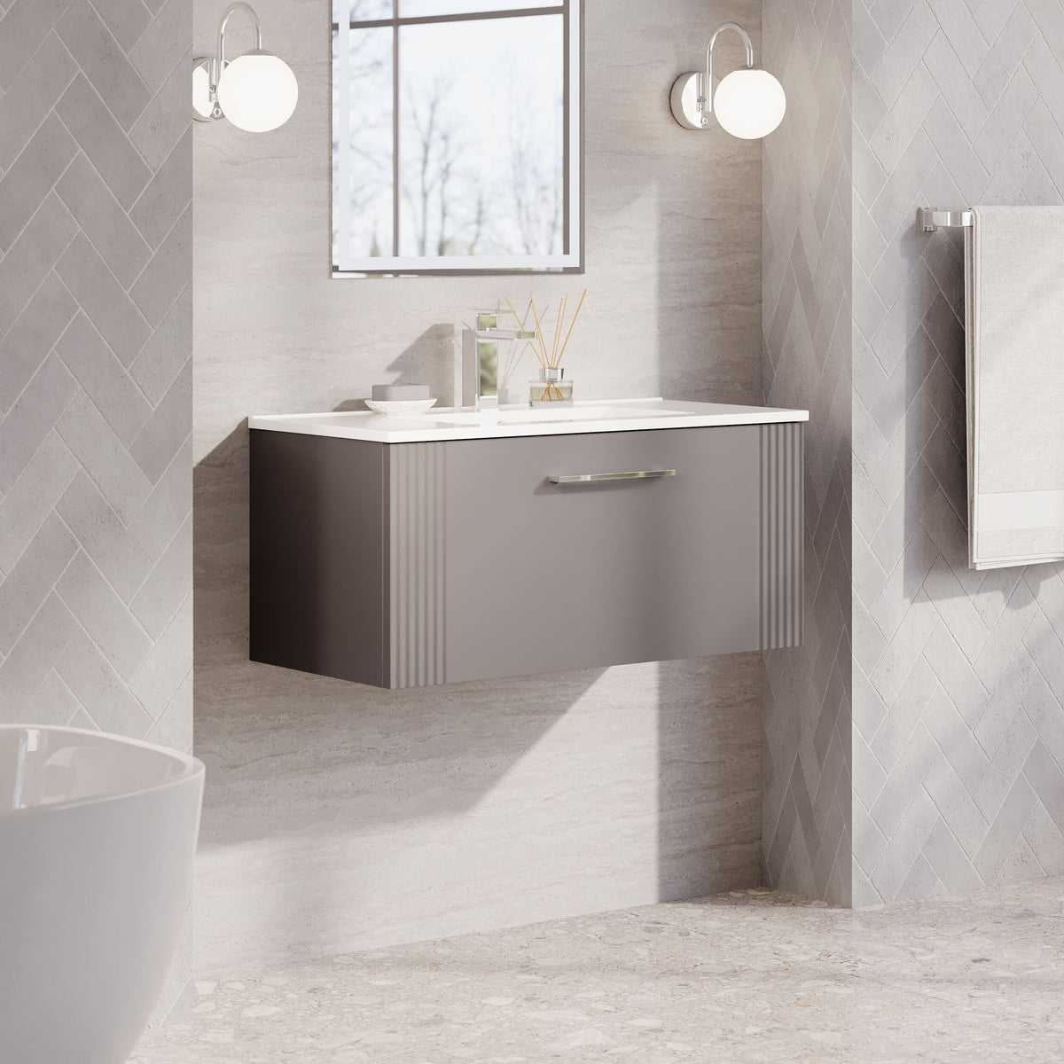 Modern Splash 800mm Satin Grey 1 Drawer Wall Hung Vanity Unit With Minimalist Basin