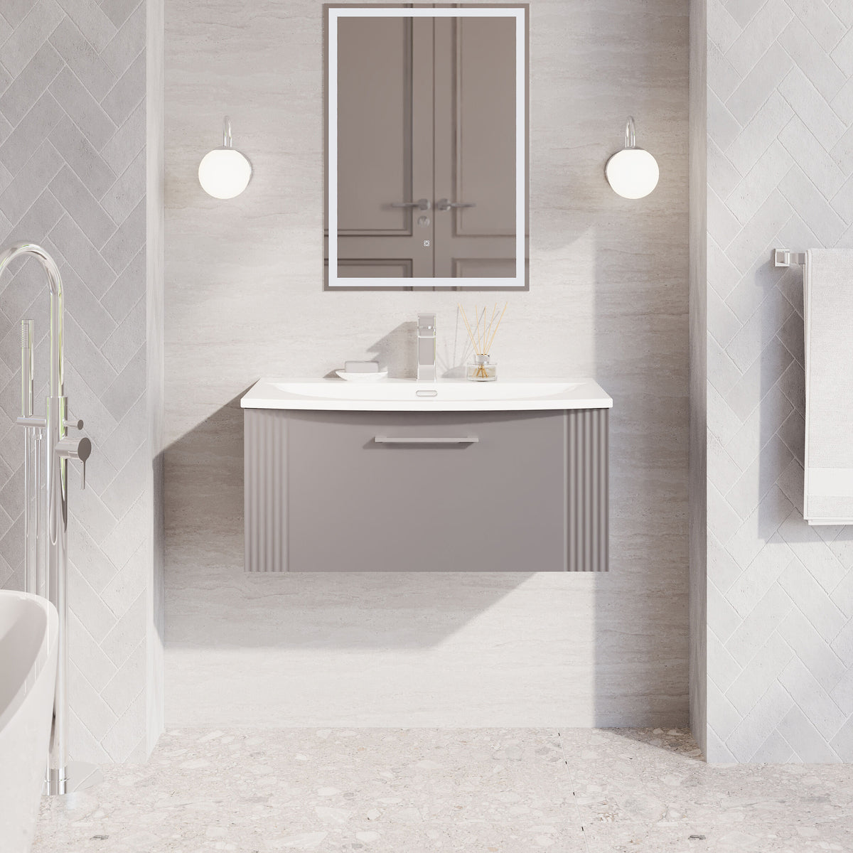 Modern Splash 800mm Satin Grey 1 Drawer Wall Hung Vanity Unit With Curved Basin