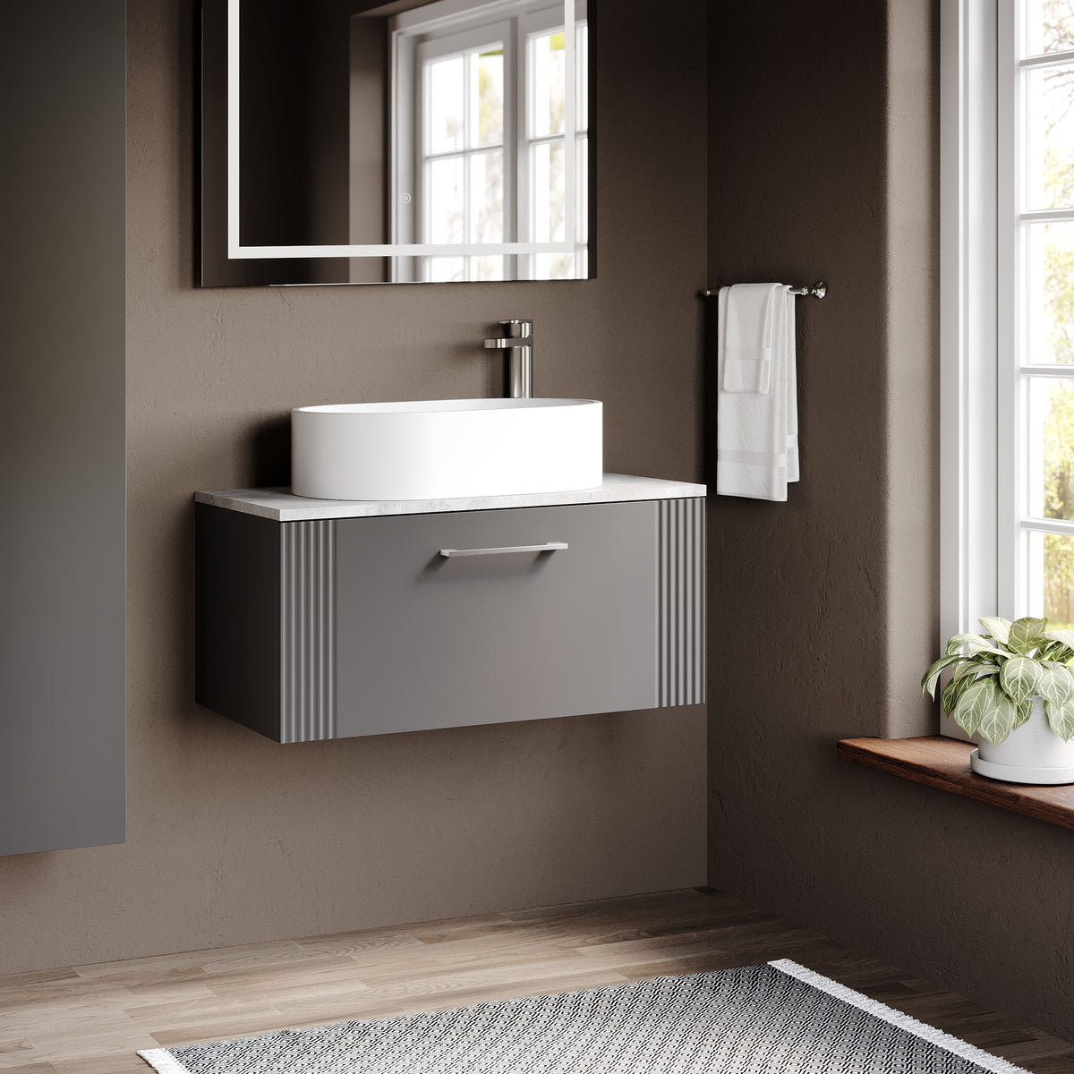 Modern Splash 800mm Satin Grey 1 Drawer Wall Hung Vanity With Bellato Grey Worktop