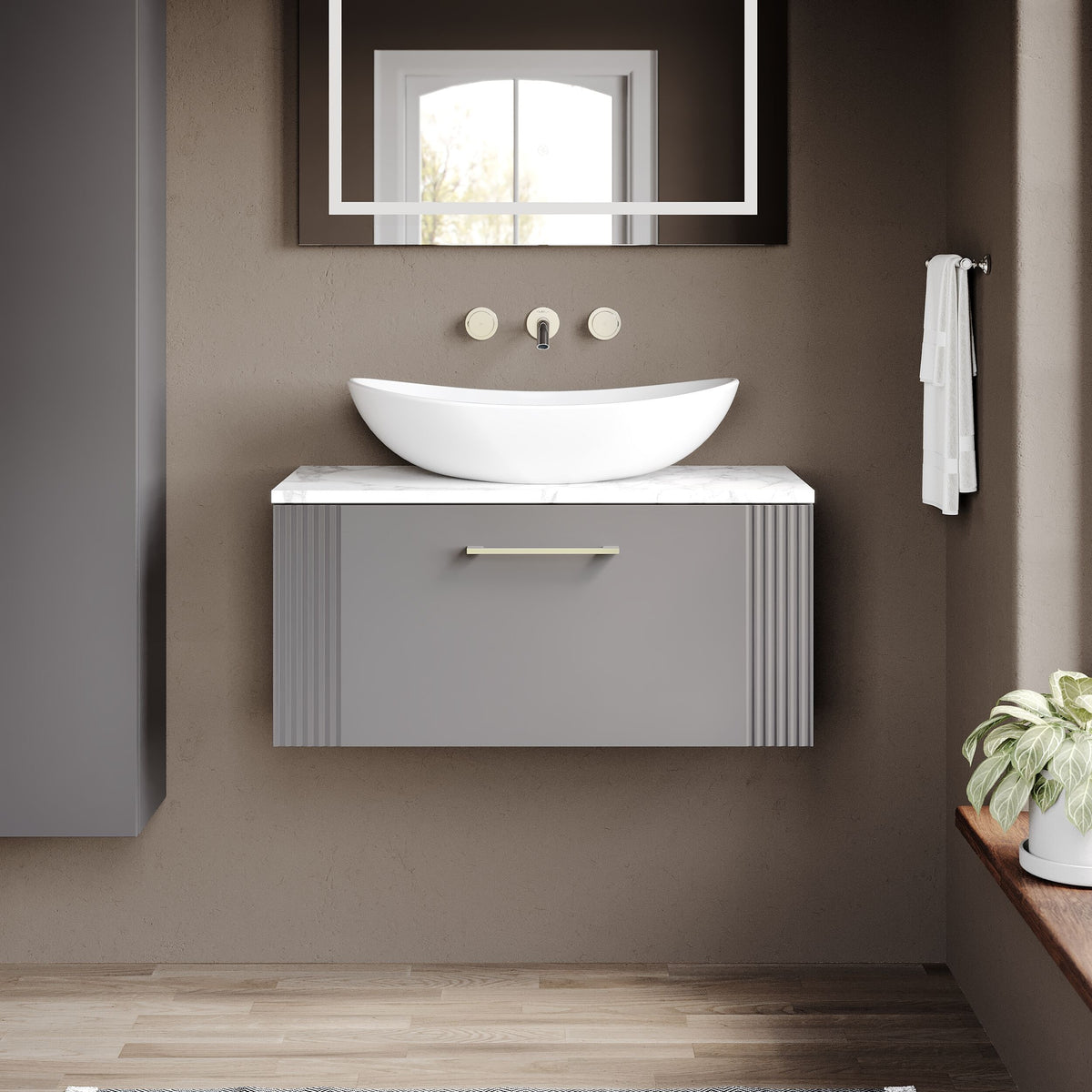 Modern Splash 800mm Satin Grey Part Fluted 1 Drawer Wall Hung Vanity Unit With Carrara Laminate Worktop