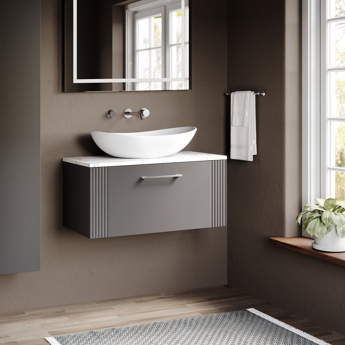 Modern Splash 800mm Satin Grey Part Fluted 1 Drawer Wall Hung Vanity Unit With Carrara Laminate Worktop