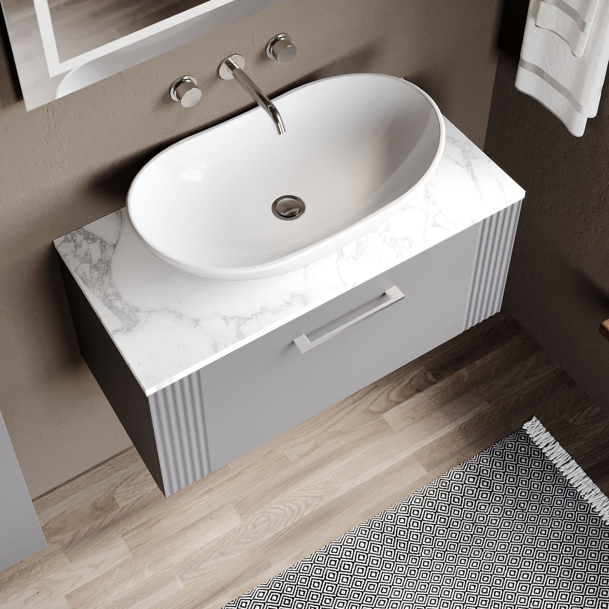 Modern Splash 800mm Satin Grey Part Fluted 1 Drawer Wall Hung Vanity Unit With Carrara Laminate Worktop