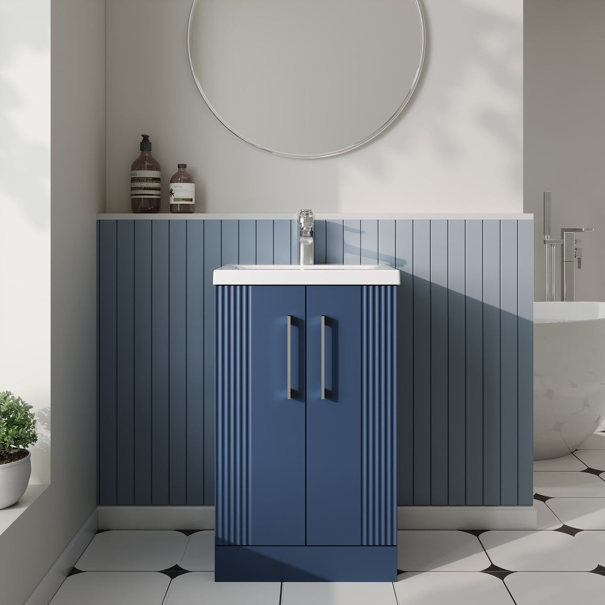 Modern Splash 500mm Satin Blue 2 Door Floor Standing Vanity Unit With Mid-Edge Basin