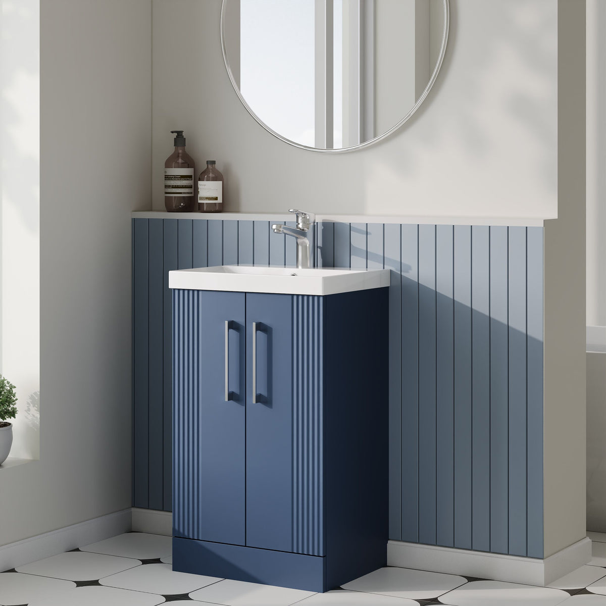 Modern Splash 500mm Satin Blue 2 Door Floor Standing Vanity Unit With Thin Edge Basin
