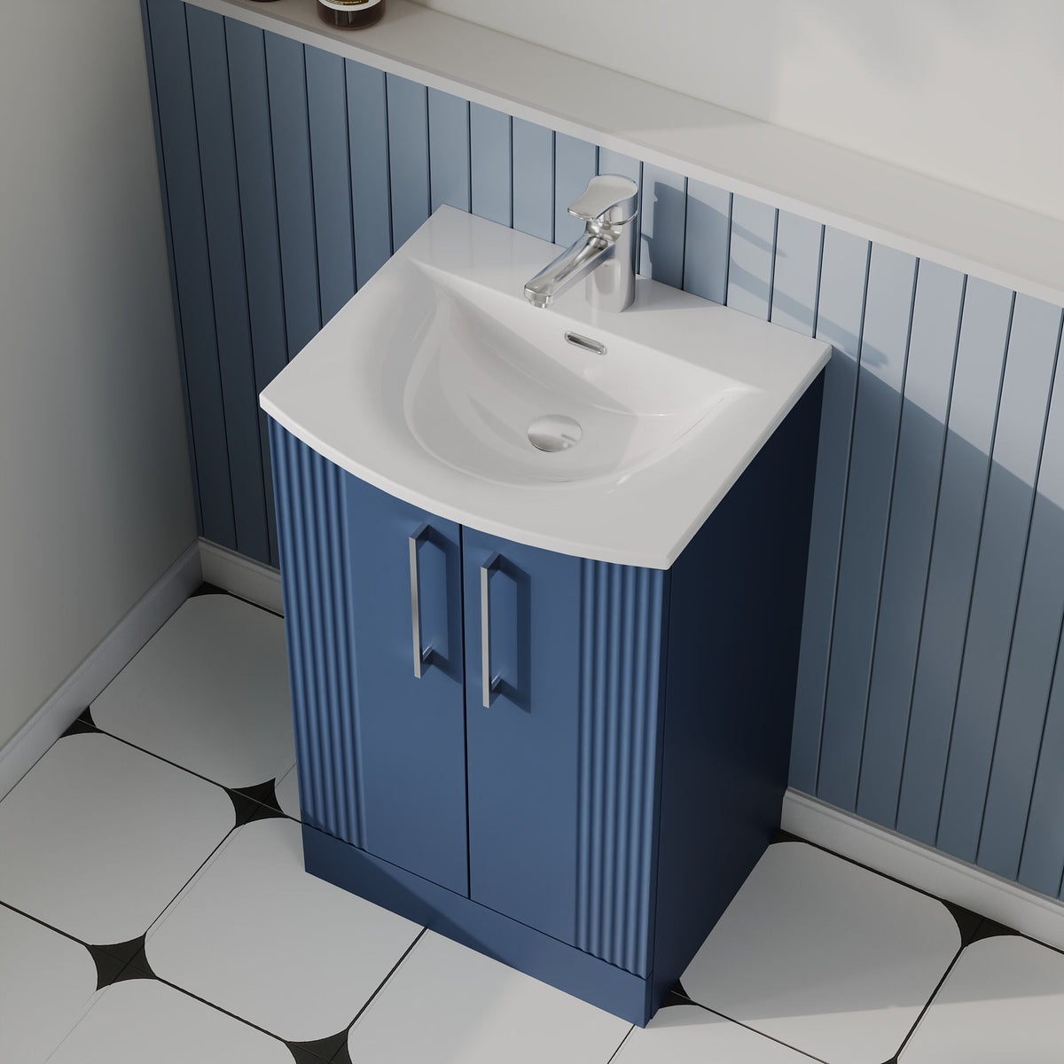 Modern Splash 500mm Satin Blue 2 Door Floor Standing Vanity Unit With Curved Basin