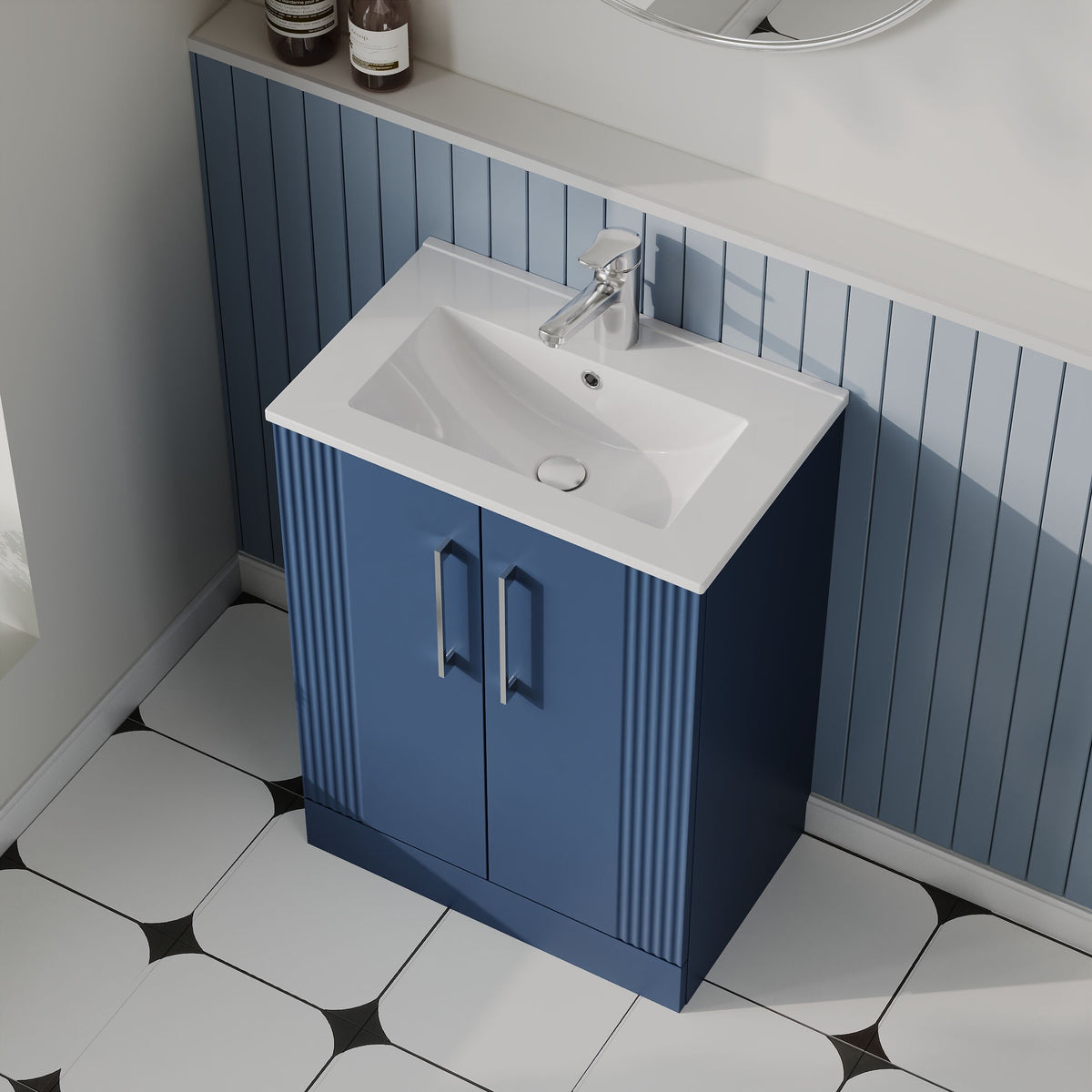 Modern Splash 600mm Satin Blue 2 Door Floor Standing Vanity Unit With Minimalist Basin