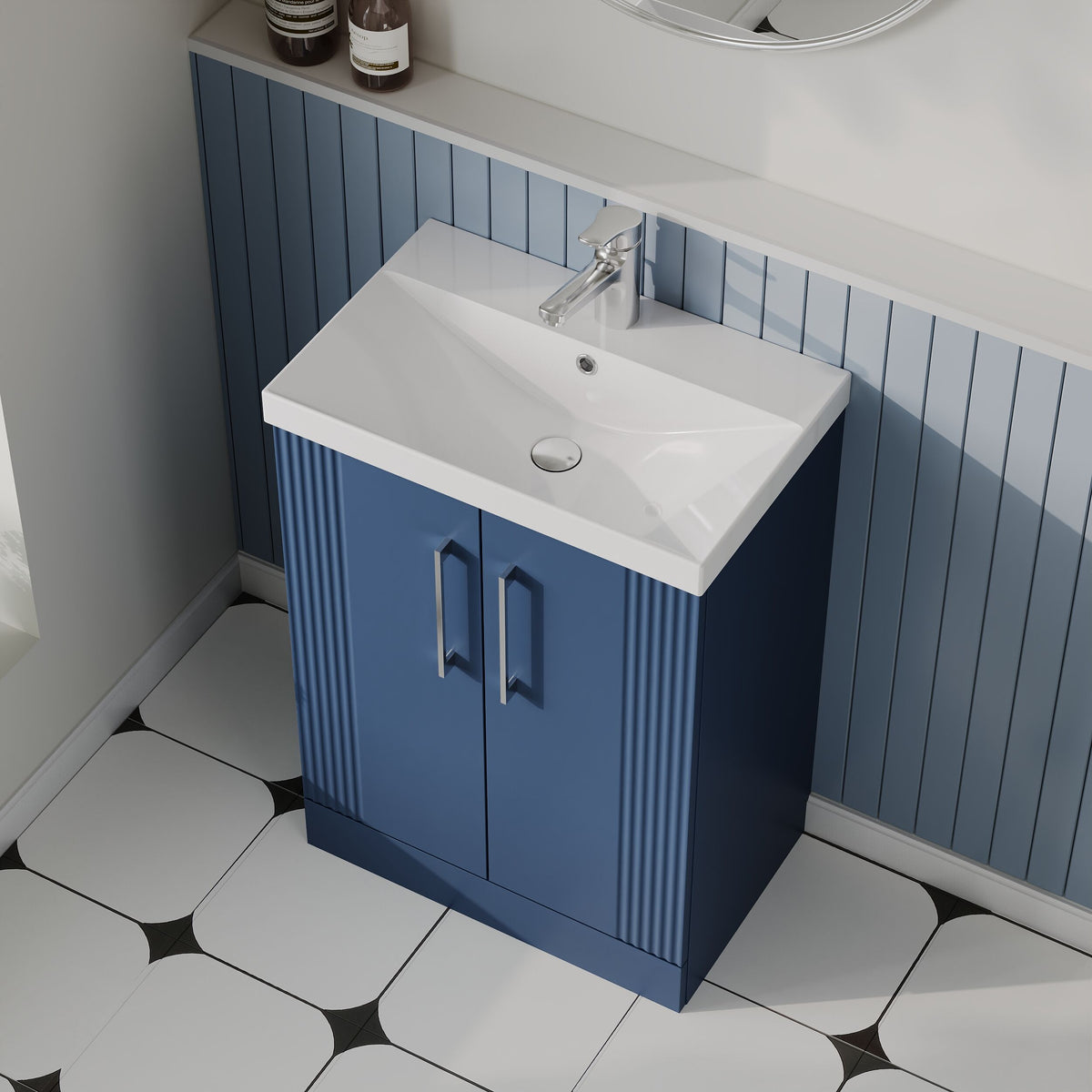 Modern Splash 600mm Satin Blue 2 Door Floor Standing Vanity Unit With Thin Edge Basin