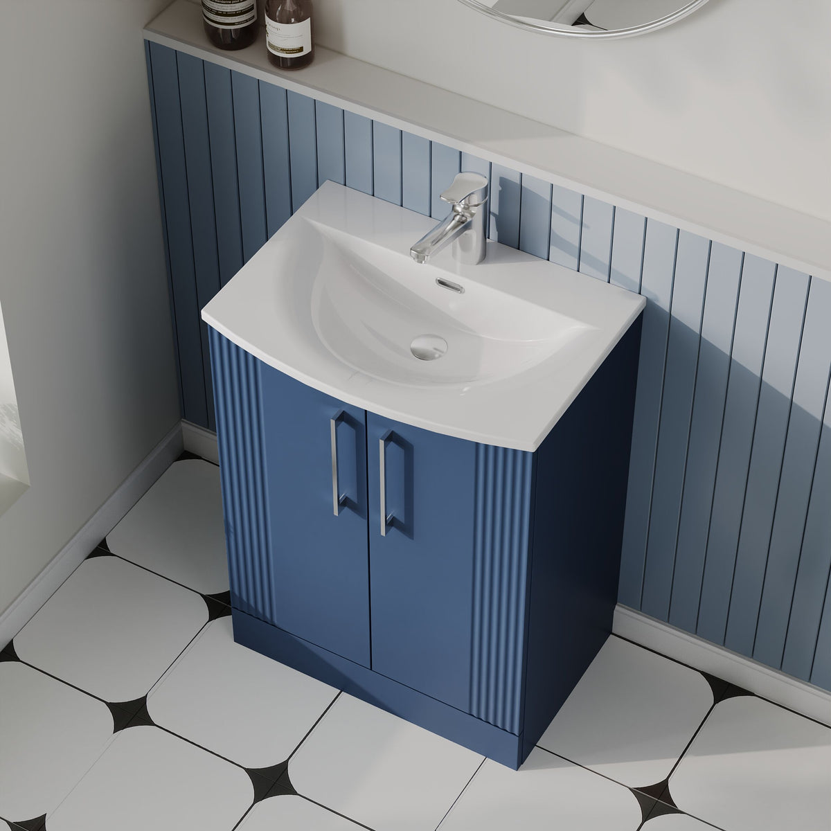 Modern Splash 600mm Satin Blue 2 Door Floor Standing Vanity Unit With Curved Basin