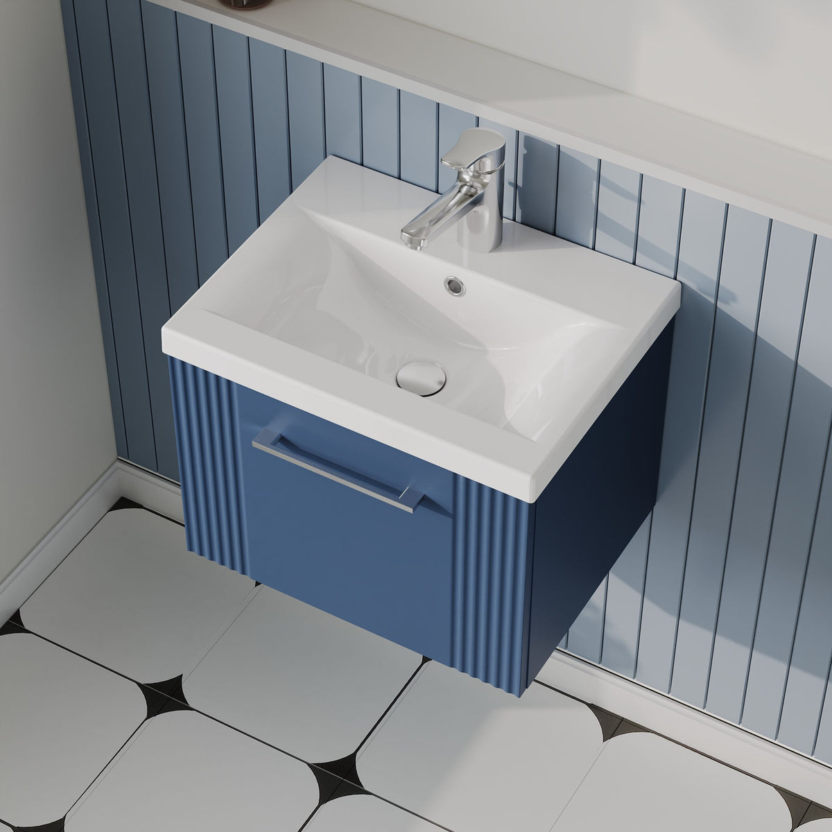 Modern Splash 500mm Satin Blue 1 Drawer Wall Hung Vanity Unit With Mid-Edge Basin