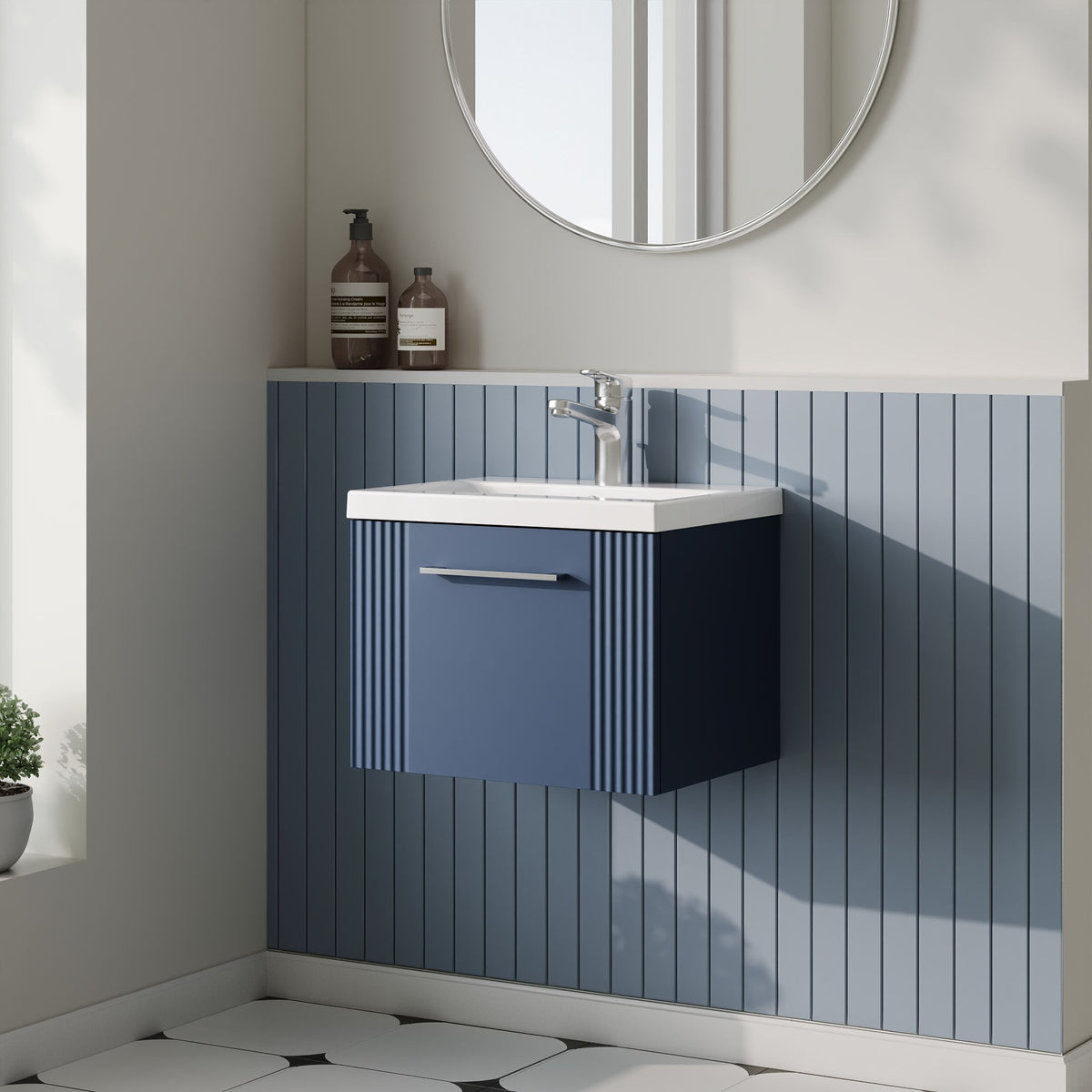 Modern Splash 500mm Satin Blue 1 Drawer Wall Hung Vanity Unit With Mid-Edge Basin