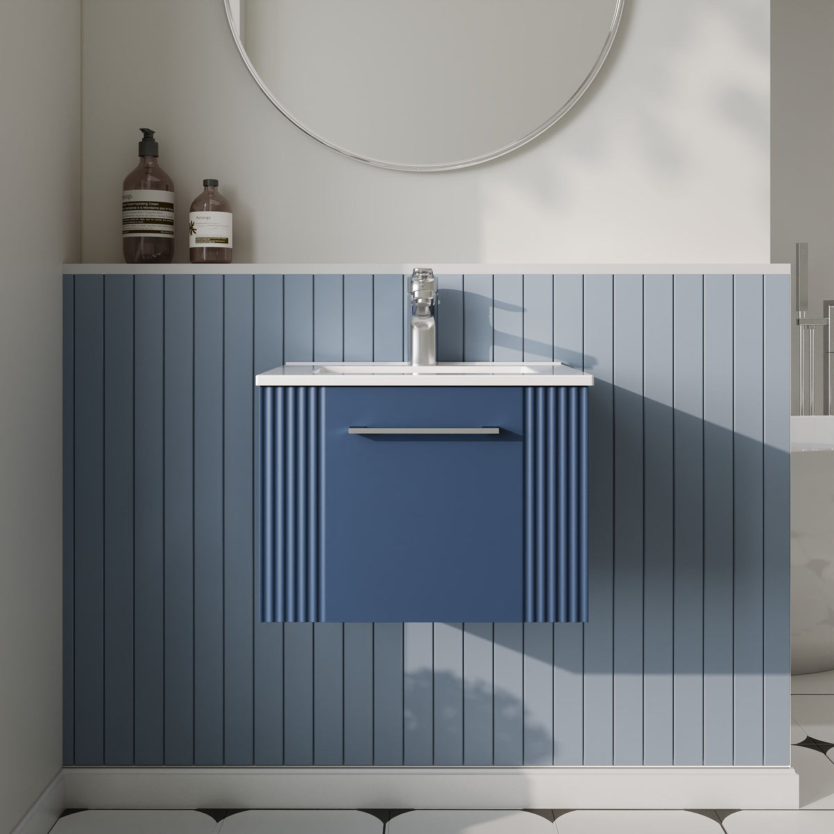 Modern Splash 500mm Satin Blue 1 Drawer Wall Hung Vanity Unit With Minimalist Basin
