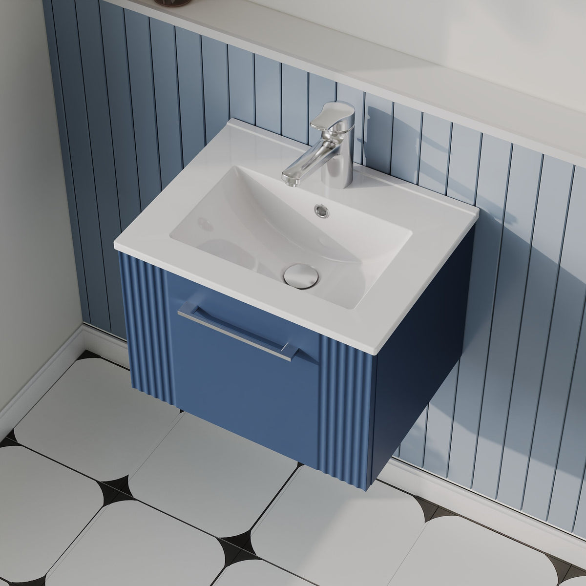 Modern Splash 500mm Satin Blue 1 Drawer Wall Hung Vanity Unit With Minimalist Basin