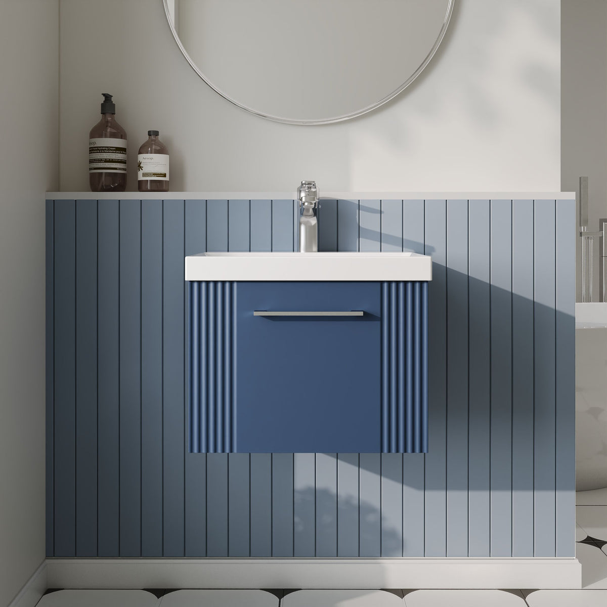 Modern Splash 500mm Satin Blue 1 Drawer Wall Hung Vanity Unit With Thin Edge Basin