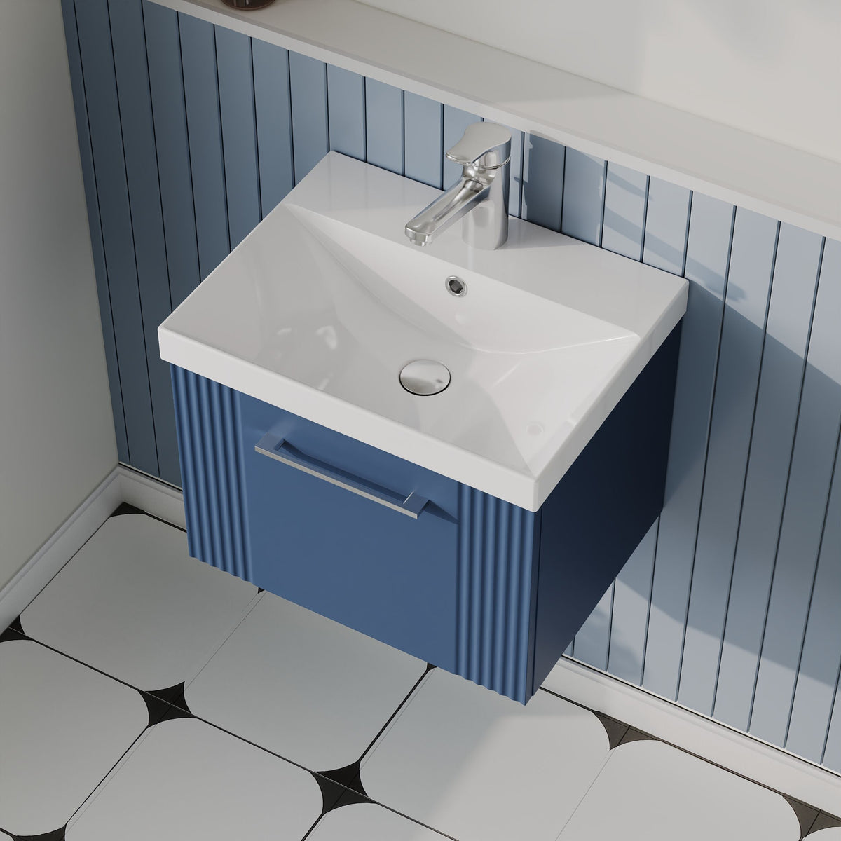 Modern Splash 500mm Satin Blue 1 Drawer Wall Hung Vanity Unit With Thin Edge Basin