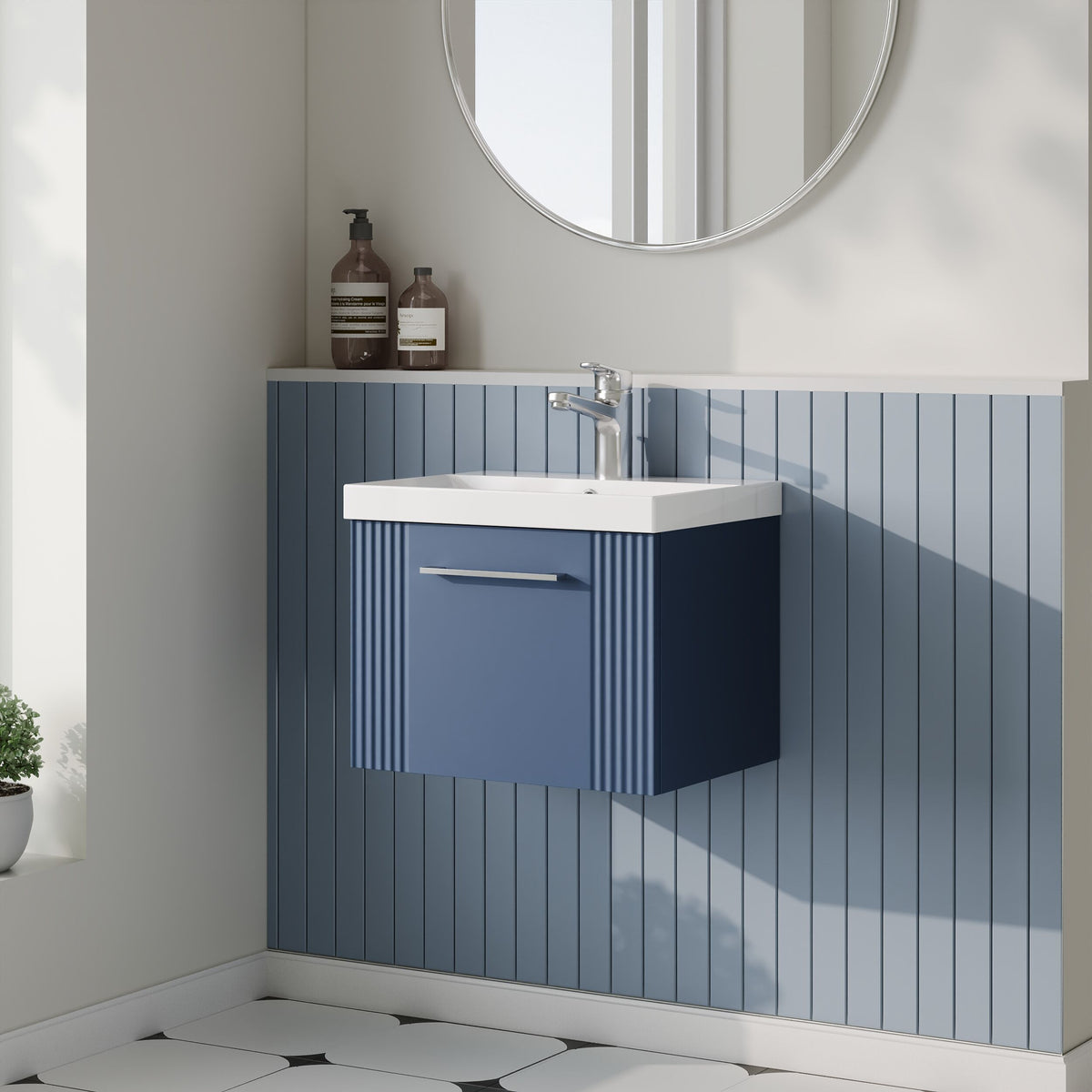 Modern Splash 500mm Satin Blue 1 Drawer Wall Hung Vanity Unit With Thin Edge Basin