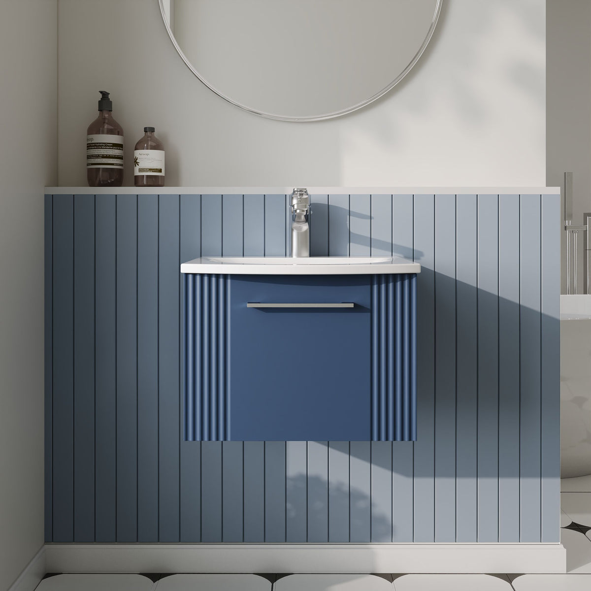 Modern Splash 500mm Satin Blue 1 Drawer Wall Hung Vanity Unit With Curved Basin