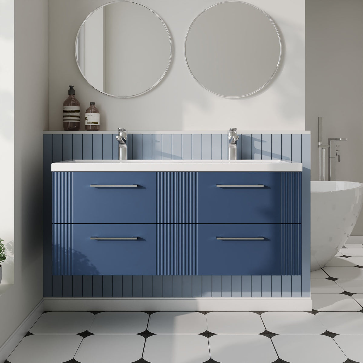 Modern Splash 1200mm Satin Blue 4 Drawer Wall Hung Vanity Unit With 2 Tap Hole Ceramic Basin